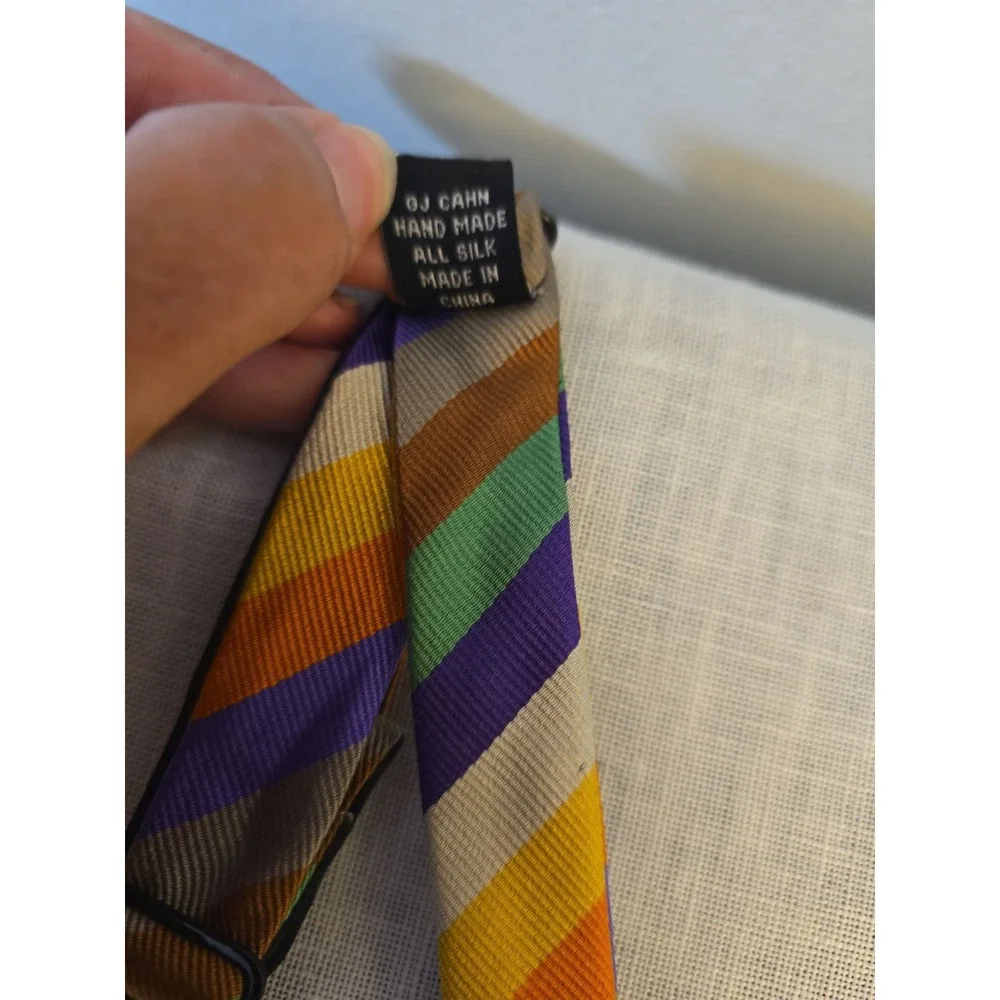 GJ CAHN 100% SILK PURPLE/GREEN/BROWN/YELLOW/TAN Stripe Hand Made Bow TIE